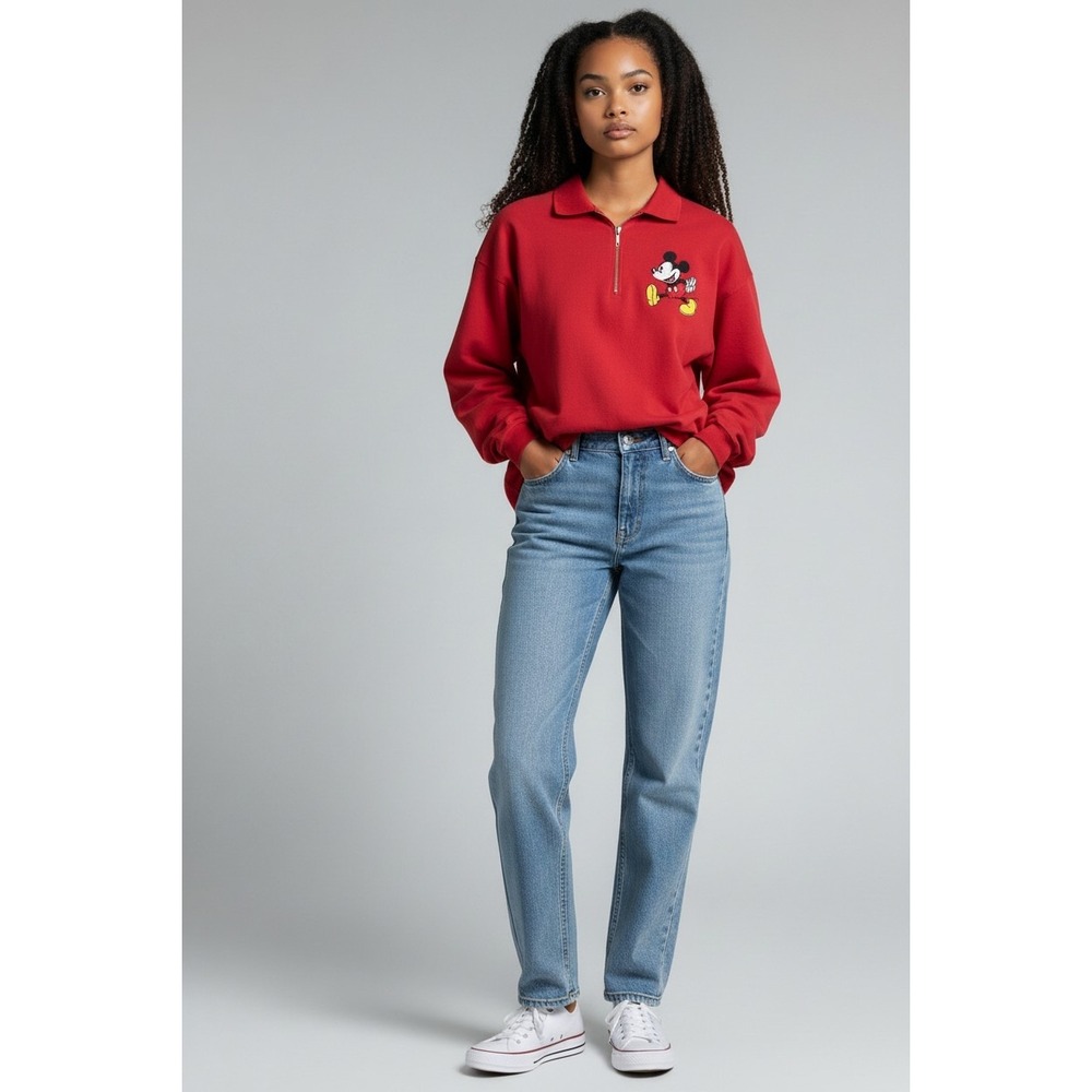 Vintage The Disney‎ Store 1/4 Zip Polo Sweater Large Red Cotton Mickey Mouse